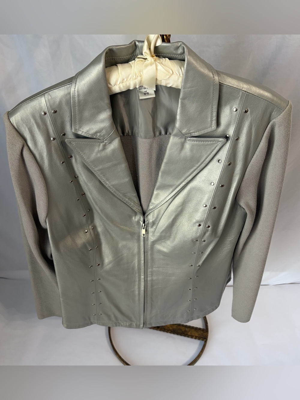 Nygard Collection Metallic Silver Leather Studded Moto Jacket M